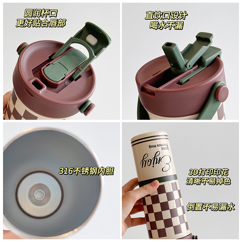 Ins-style retro double-drinking handle cup, portable stainless steel straw cup for going out, creative square student insulated water cup Application Scenario