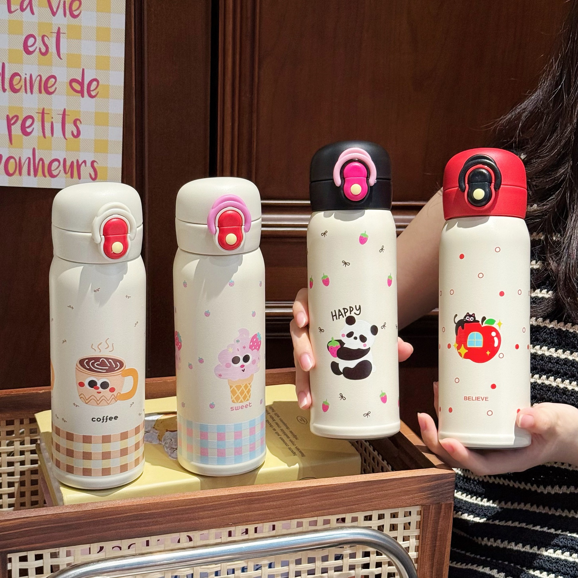Cartoon double-drinking stainless steel water cup, student schoolbag side pocket insulated cup, portable stainless steel straw cup for girls details Picture