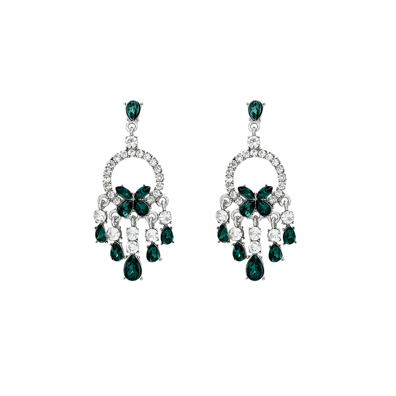 Green butterfly round earrings, stud earrings, crystal temperament, zircon, light luxury, niche, elegant and exquisite new tassel earrings Item Picture