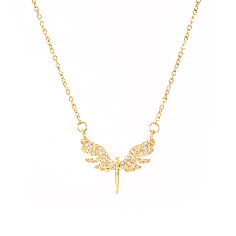 Genuine gold electroplated full diamond wing holy sword pendant titanium steel necklace, women's niche fashion design sense, versatile accessory wholesale Item Picture