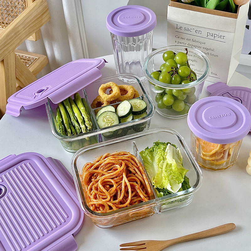 Wholesale of Bolimei purple InS-style high borosilicate glass lunch boxes, microwave oven divider rice lunch boxes, and fresh-keeping bowls details Picture