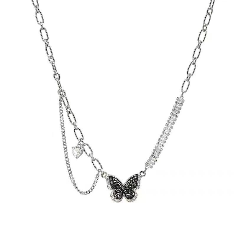 Black Zircon butterfly necklace, sweet and cool girl collarbone chain, 2022 new creative and personalized titanium steel necklace Item Picture