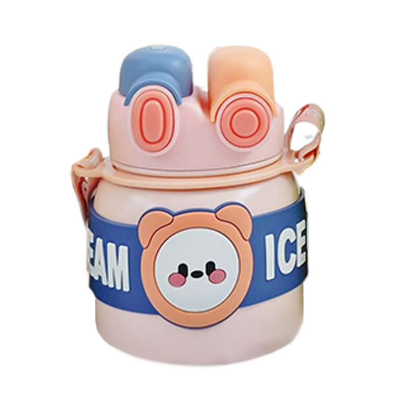 Cartoon children's water cup, high appearance level, cartoon double-drinking straw cup, creative portable large-capacity stainless steel insulated cup Item Picture