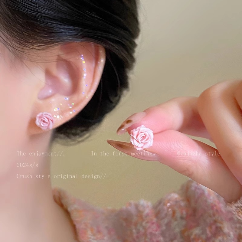 Pink rose flower stud earrings for women, simple, small and elegant earrings, light luxury, versatile and high-end design sense earrings wholesale details Picture