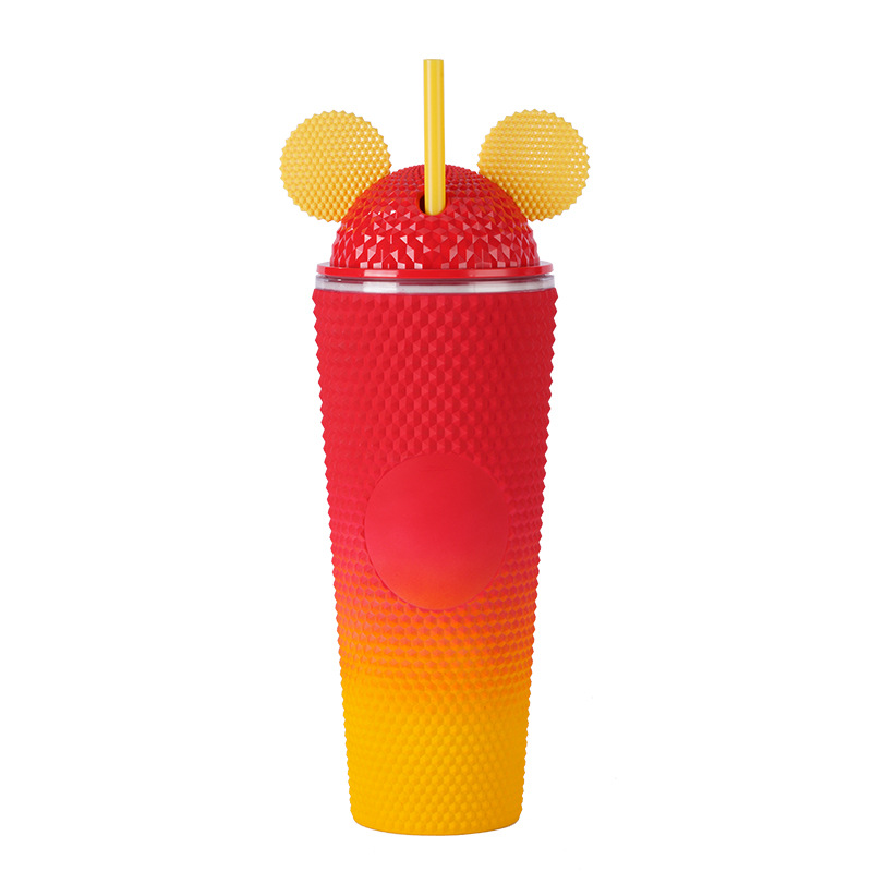 New cross-border Amazon double-layer plastic straw cup, large-capacity creative sharp hand cup, portable cat ear cap durian cup details Picture