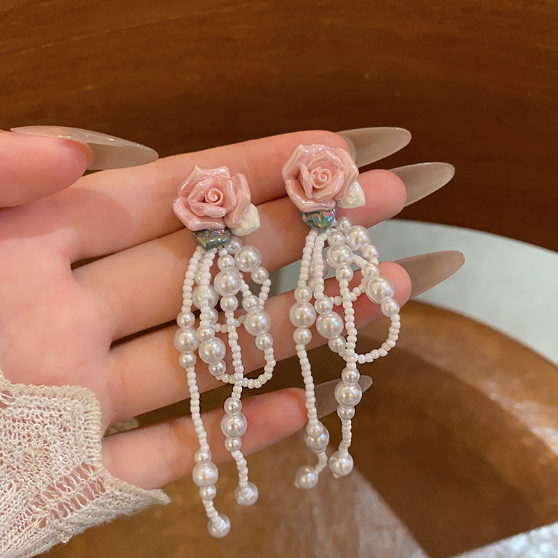 French pink rose pearl tassel earrings for women, new summer style 2025, gentle stud earrings, versatile long earrings full figure
