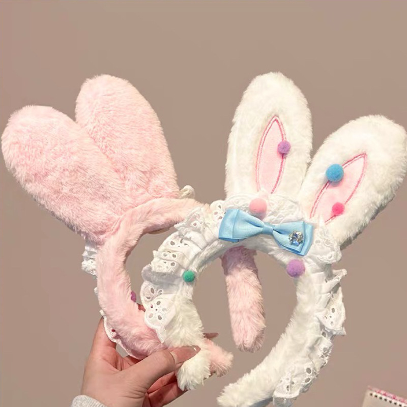 Strawberry jade rabbit, cute pink rabbit ears, lace plush hair band, women's face washing, makeup, photo taking hair accessory, sweet headband Specification drawing