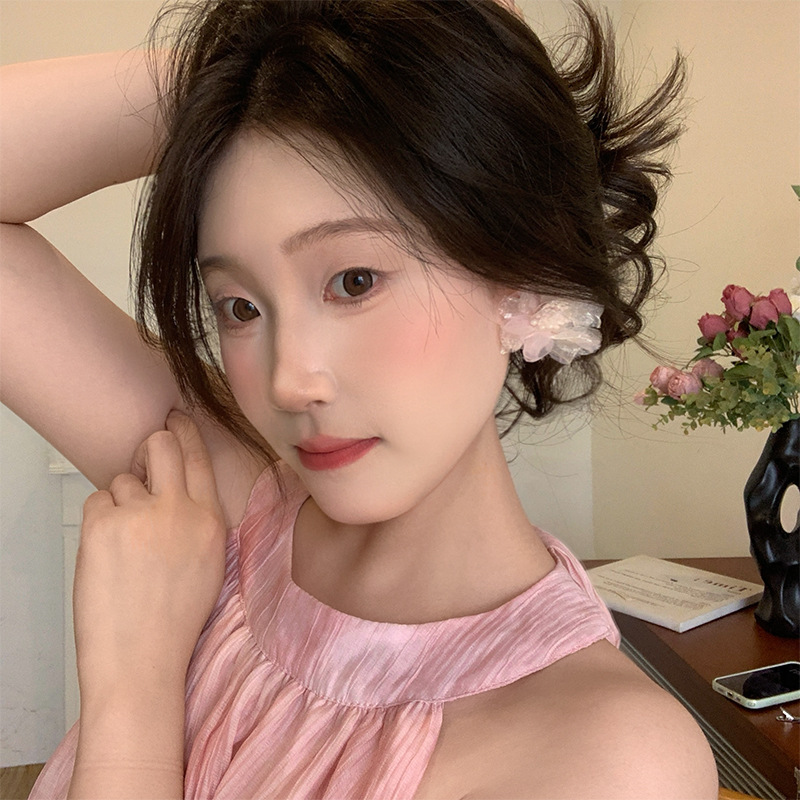 Fabric chiffon flower ear studs 2025 new style, super ethereal and high-end earrings, sweet and niche earrings wholesale details Picture