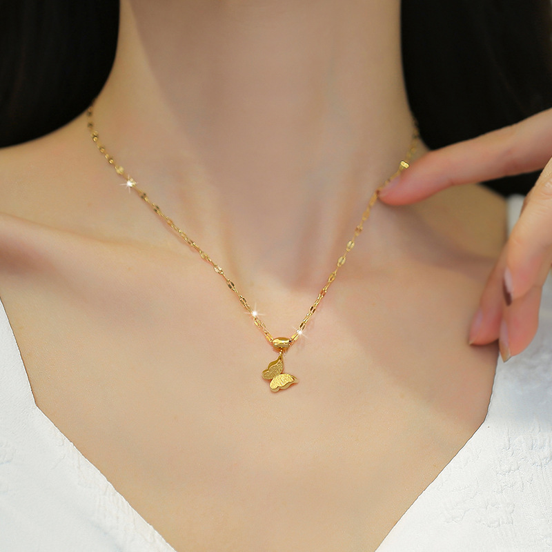 【 All-titanium Steel 】 Light luxury minimalist style butterfly furnace with real gold necklace, female Instagram influencer collarbone chain accessory details Picture