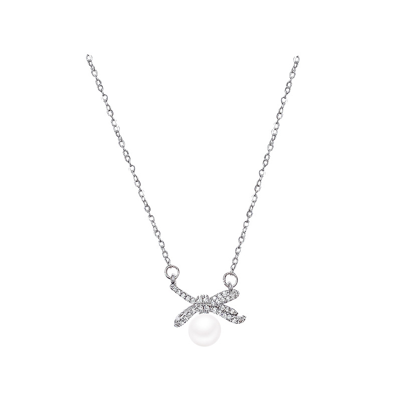 Exquisite micro-inlay bow necklace, pearl pendant, versatile for women, high-end and light luxury neckchain, popular collarbone chain accessory Item Picture