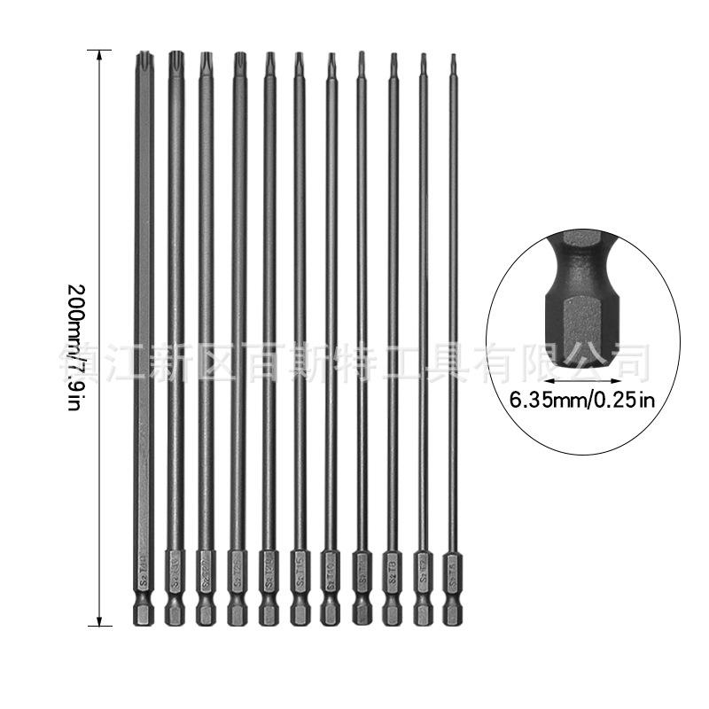 11-piece set of hexagonal handle hollow plum blossom screwdriver head S2 middle hole screwdriver head 200mm Specification drawing