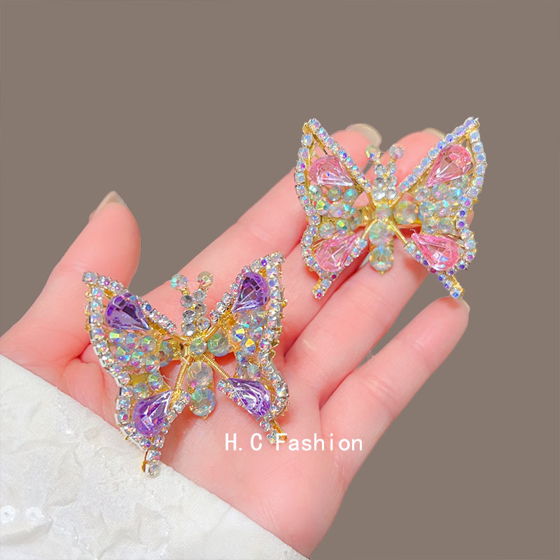 The moving super fairy butterfly water diamond three-dimensional hair clip, a side hair clip for girls, a broken hair bangs clip, and exquisite hair accessory Specification drawing