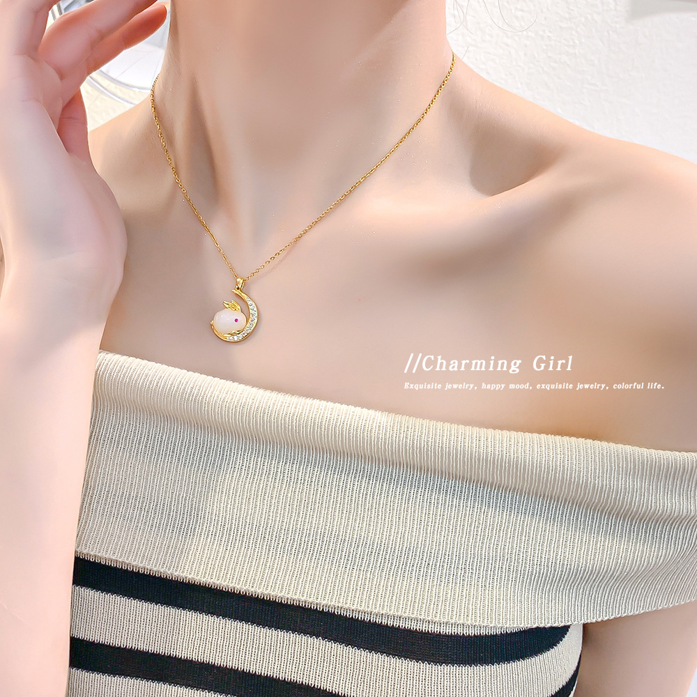 The zodiac year Jade Rabbit moon pendant, titanium steel necklace, female Douyin Internet celebrity, fashionable collarbone chain, elegant and high-end accessory details Picture