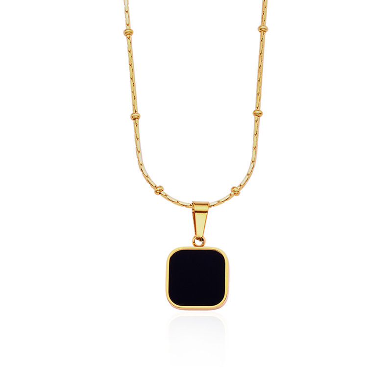 Black square geometric pendant titanium steel bean necklace for women, 18k gold-plated Internet celebrity collarbone chain, fashionable and light luxury accessory Item Picture