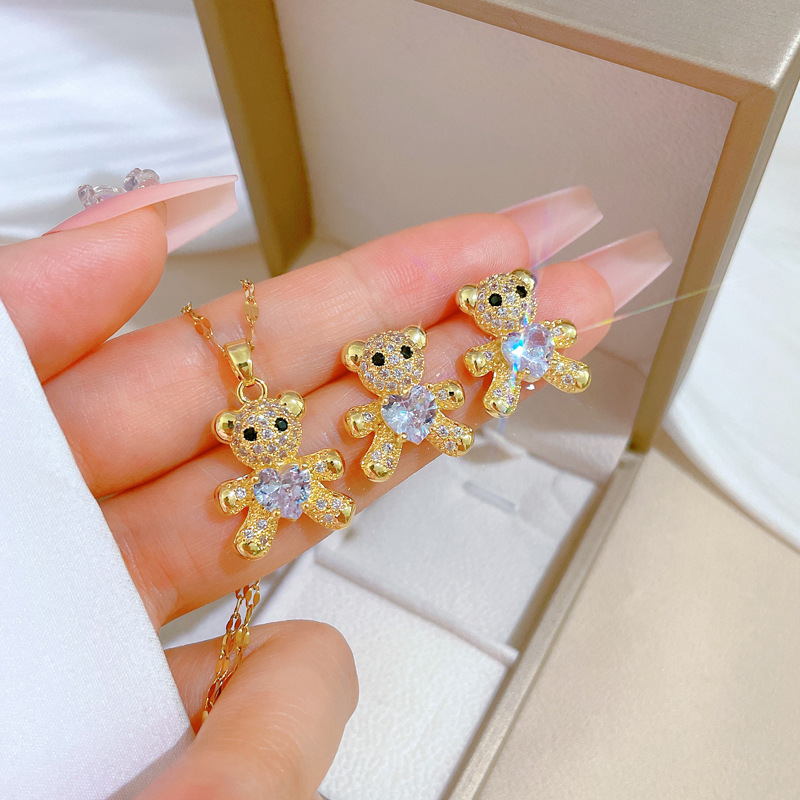 【 Titanium Steel 】 Little Bear Micro-inlaid Necklace and Earrings Set, Light Luxury micro-inlaid personalized and elegant banquet earrings and Necklaces combination details Picture