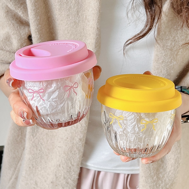 High appearance level, InS-style vertical pattern coffee cup, glass cup with lid, cold brew cup, latte coffee water cup, girlish heart cup details Picture