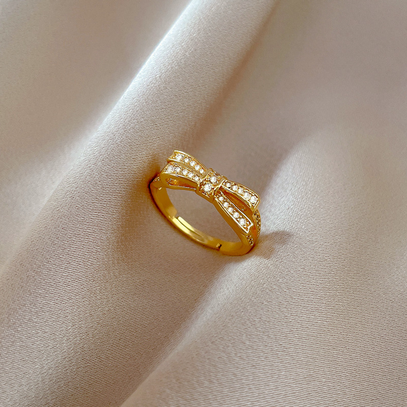 【 Real gold electroplating 】 Open ring, women's fashion bow, light luxury ring, index finger ring, the same style as Internet celebrities, cold style Specification drawing