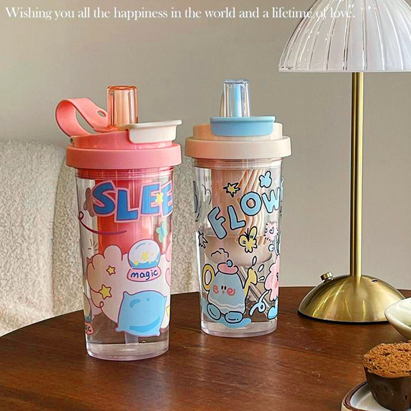 Cartoon high appearance level double-drinking straw cup, tea brewing with filter, girls' water cup, office gift, cute plastic cup for students full figure