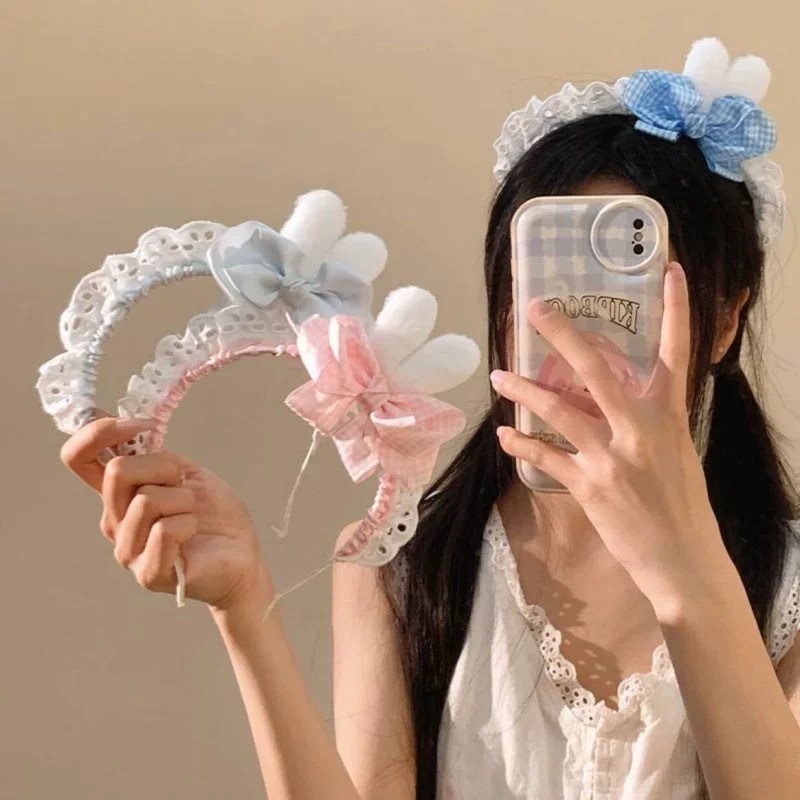 Sweet and cute lace Lolita rabbit ear headband, handcrafted maid, versatile design, girlish headband hair accessory full figure