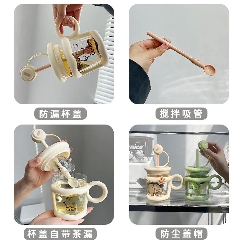 ins creative water cup, tea filter, simple straw cup for girls, office with spoon, high appearance level cartoon glass cup Application Scenario