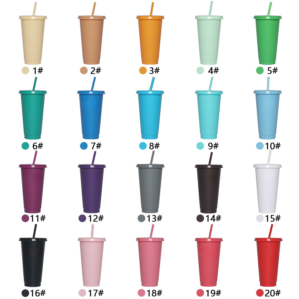 Factory direct sales of 710ML milk tea plastic cups with straws, solid color reusable straw water cups in stock for wholesale Item Picture