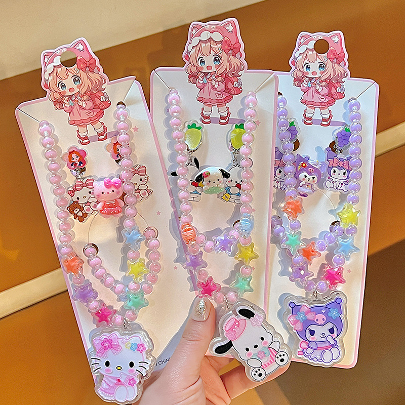 Children's cartoon Sanrio glowing necklace, cute Kuromi beaded bracelet, princess ring, ear clip jewelry set details Picture