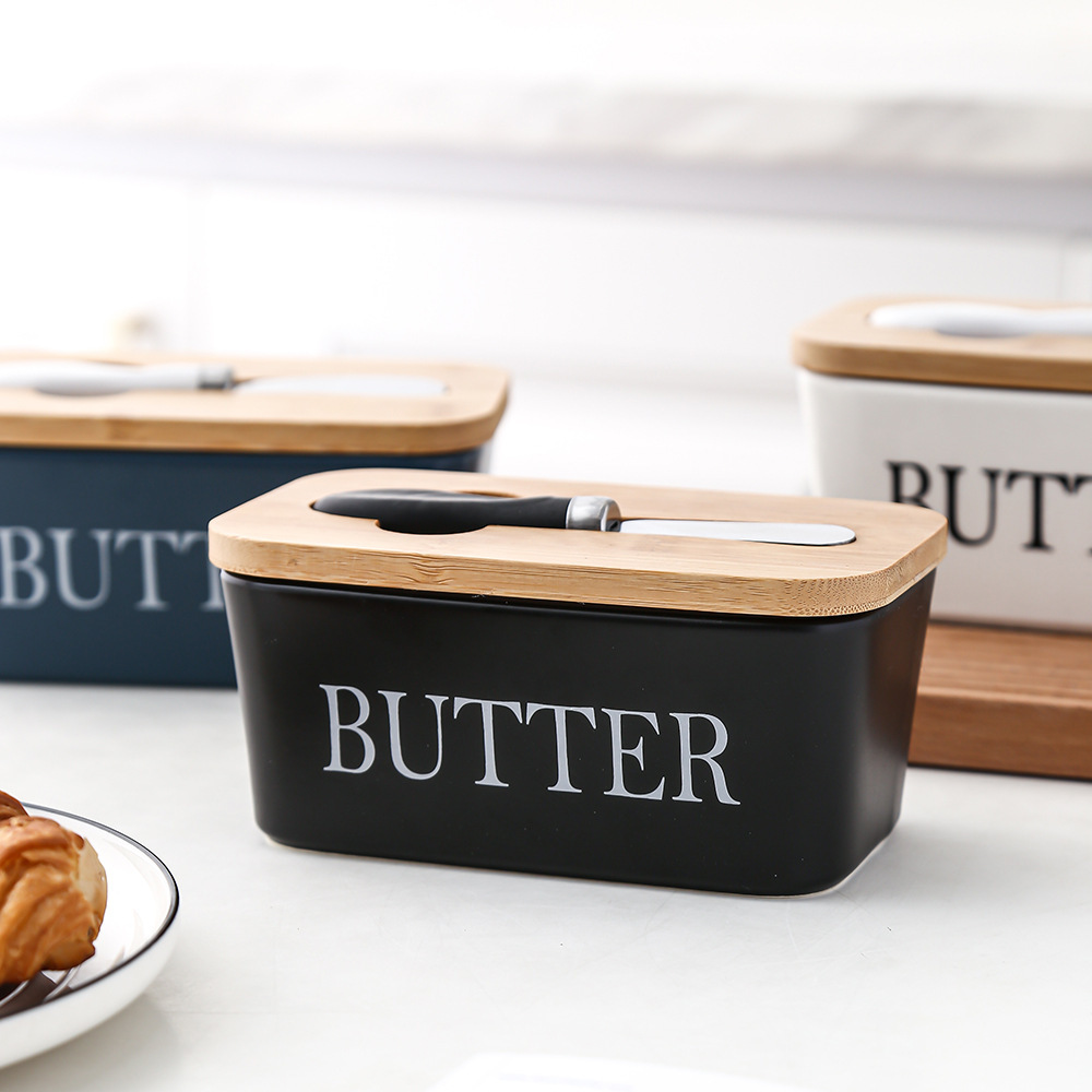 Rectangular ceramic butter box, sealed jar, butter box, bamboo lid with knife, Western-style household cheese box, cross-border Amazon Specification drawing