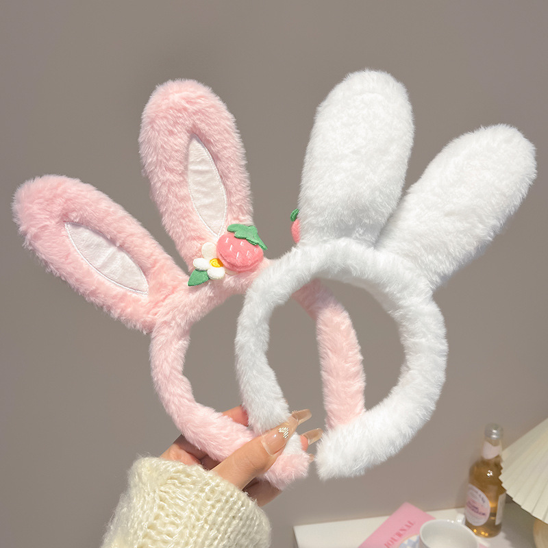 Cute strawberry flower rabbit ear hair band, women's winter plush hair pressure headband, children's hair tie, hair clip headwear Specification drawing
