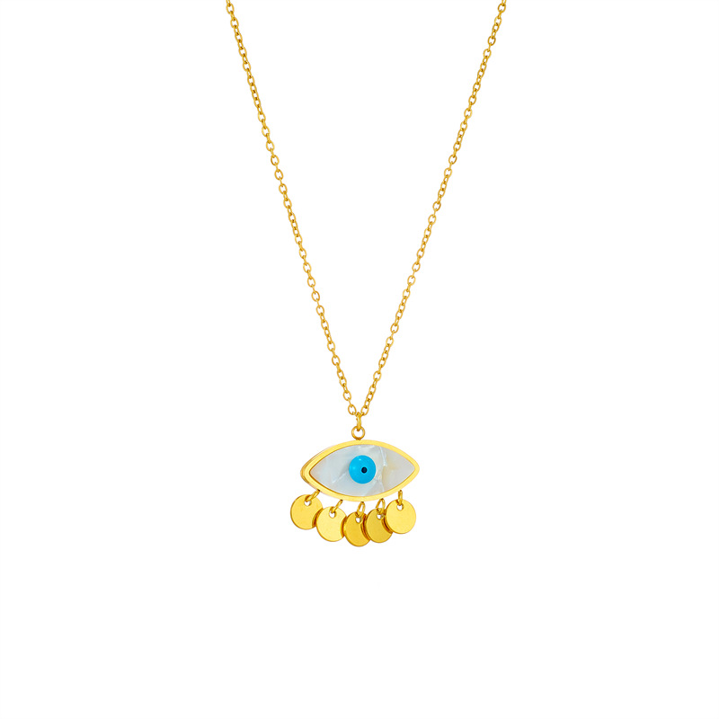 European and American unique, fashionable, creative and niche design, round tassel, oval blue eye pendant, stainless steel chain necklace Item Picture