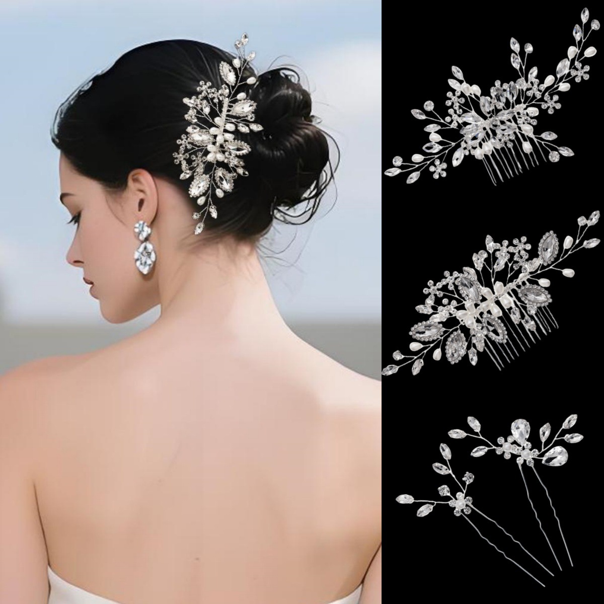 Forest-style fresh and delicate water diamond bridal headwear, hand-woven diamond-encrusted plum blossom hair pin, versatile wedding dress and evening gown hair accessory for women full figure