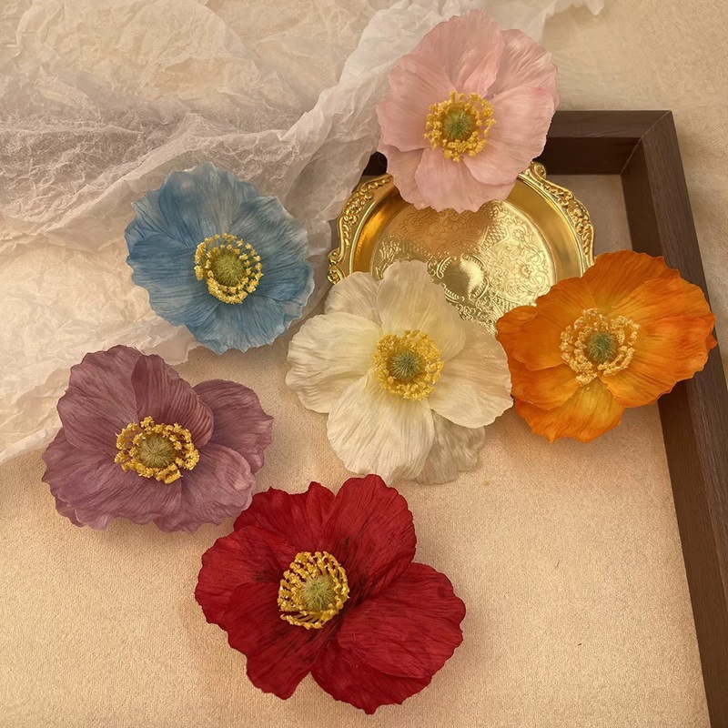 The flowers are in full bloom in midsummer ~ Realistic poppy flower hair clip side clip photo hair accessory super fairy-like hair flower hair clip summer new style Specification drawing
