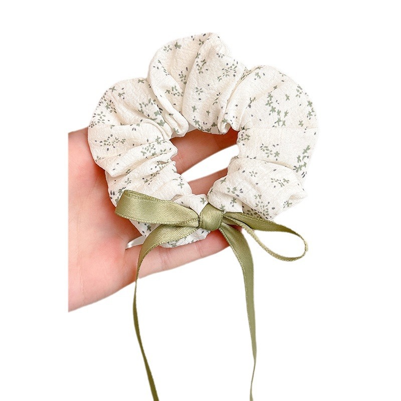 New spring and summer red bean paste green fresh floral large intestine hair band, pure cotton bow webbing teenage hair rope headwear for girls Item Picture