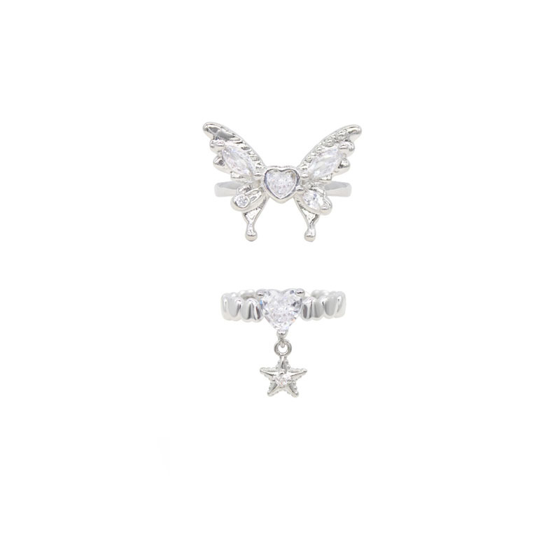 French butterfly zircon heart-shaped star pendant with an open-top ring, a fashionable, individualistic and cool style ring for women Item Picture