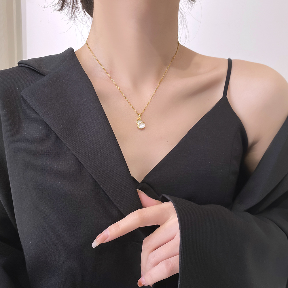 Double-sided cat's eye gourd necklace for women, real gold electroplated with micro-inlaid zircon full diamond pendant, titanium steel light luxury collarbone chain details Picture