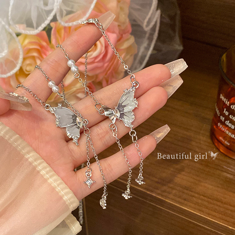 Super ethereal and exquisite butterfly tassel necklace, sweet and cool style for women, versatile and light luxury style, collarbone chain, high-end accessory necklace Specification drawing
