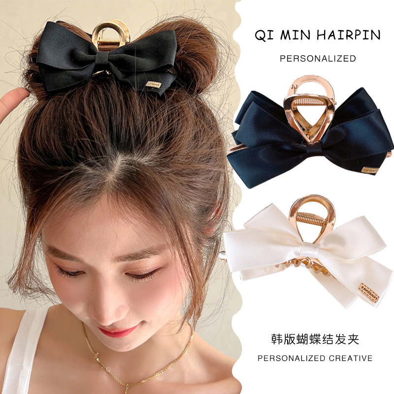 Silk bow large scratch clip, a Korean Internet celebrity style French retro shark clip, a large hair clip at the back of the head details Picture