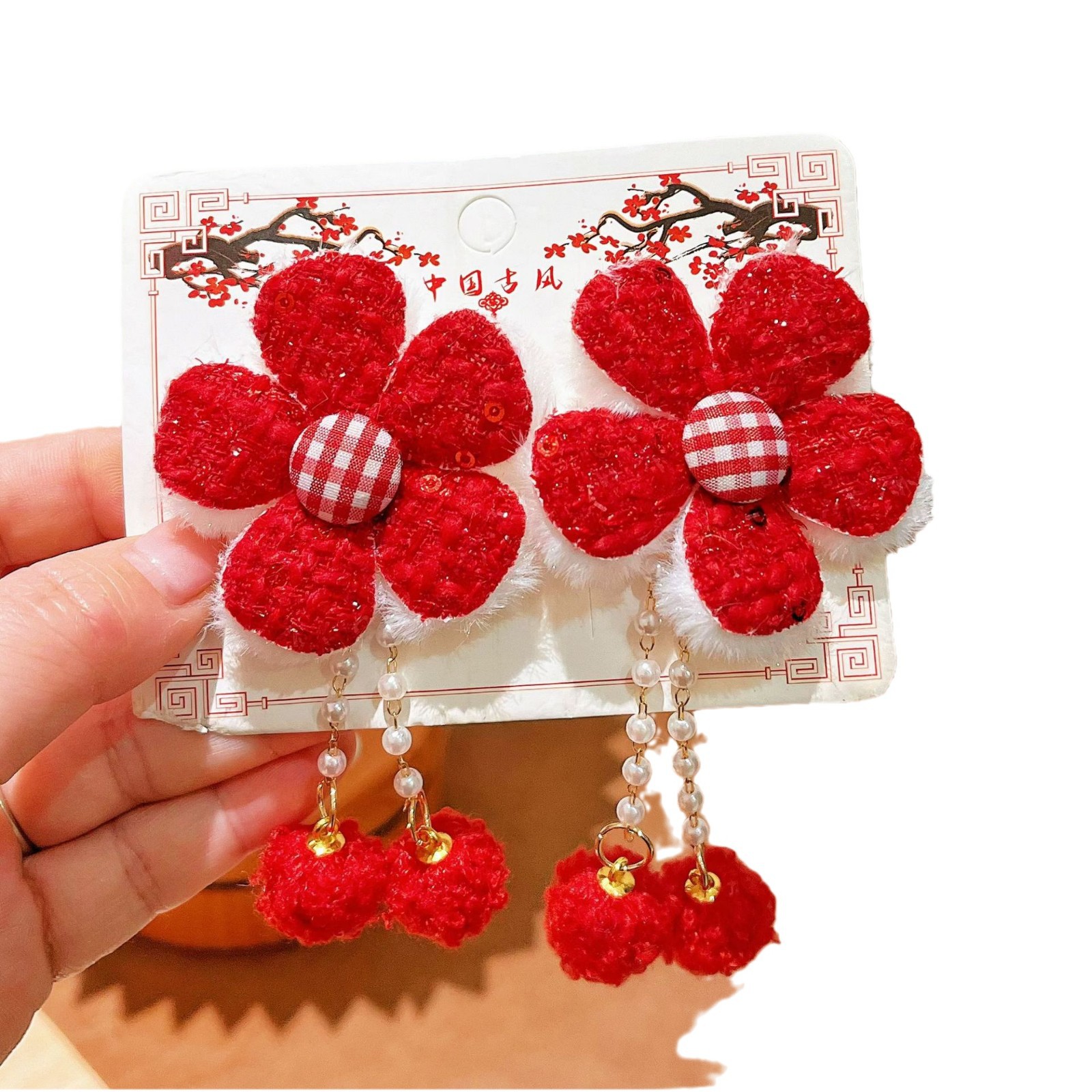New Year's ancient-style flower hair tie, cute baby headband, high-elasticity rubber band, little girl's festive red girl accessories Item Picture