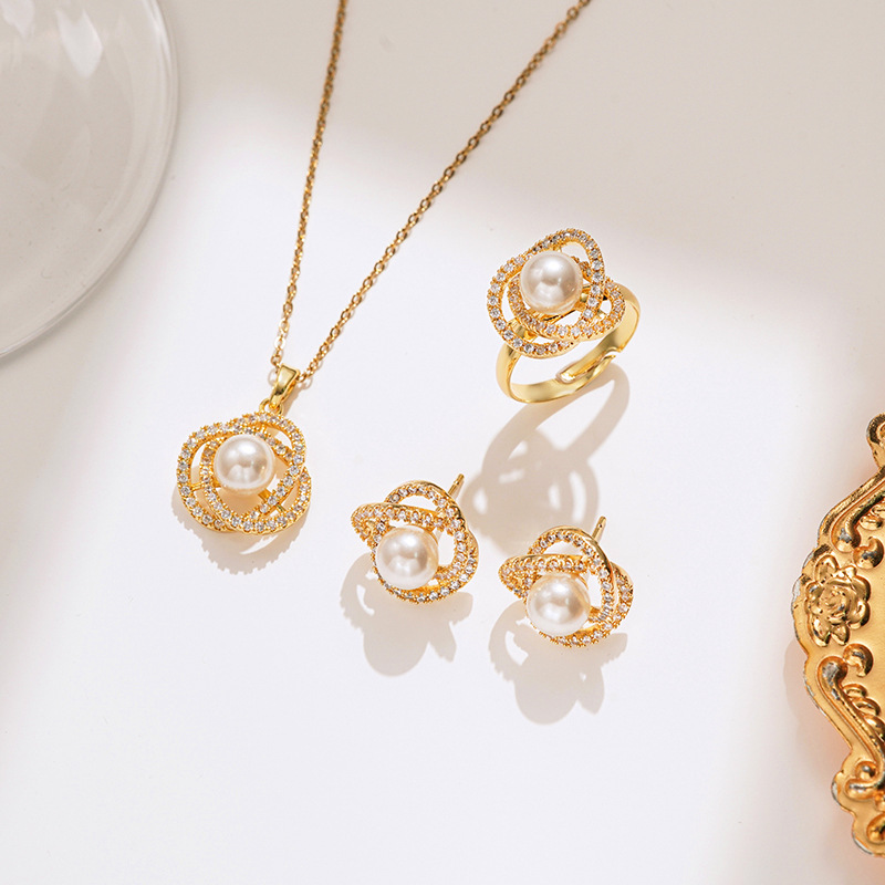 Korean-style light luxury set with zircon camellia pearl, necklace, ring, stud earrings, personalized and versatile, fashionable collarbone chain full figure