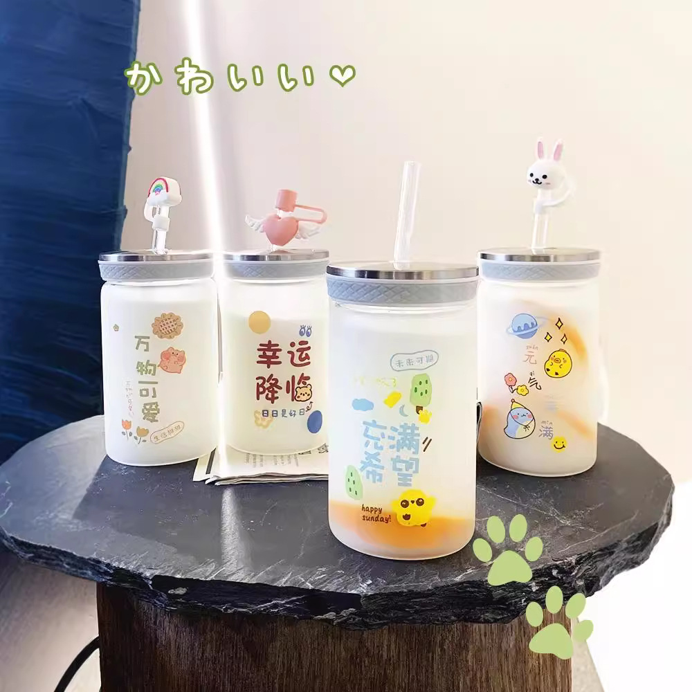 Lucky word water cup for girls, Korean version, small and cute straw cup, student, high appearance level, portable frosted glass cup details Picture
