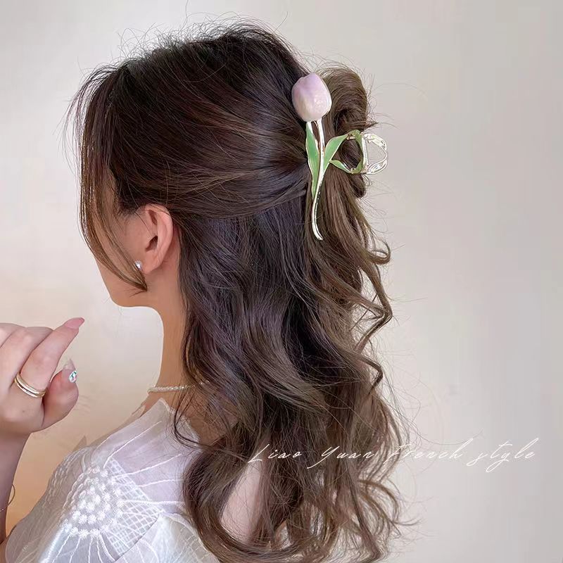 Korean ethereal tulip hair clips, back of the head hair clips, women's summer shark clips, large metal high-end hair accessories Specification drawing