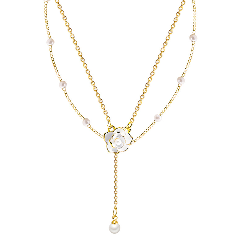 Double-layer stacked camellia pearl necklace for women, light luxury and versatile, elegant collarbone chain, niche design jewelry wholesale Item Picture
