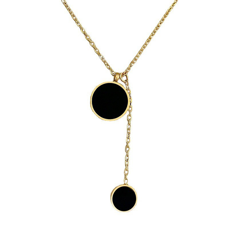 【 All-titanium Steel 】 Mother-of-pearl double ring women's niche design simple pendant Short collarbone chain Korean style cold neck Item Picture