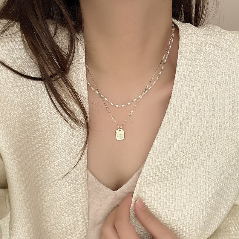 Double-layer rice-grain pearl necklace for women's niche design, light luxury hoodie chain, simple and elegant sweater chain wholesale Specification drawing
