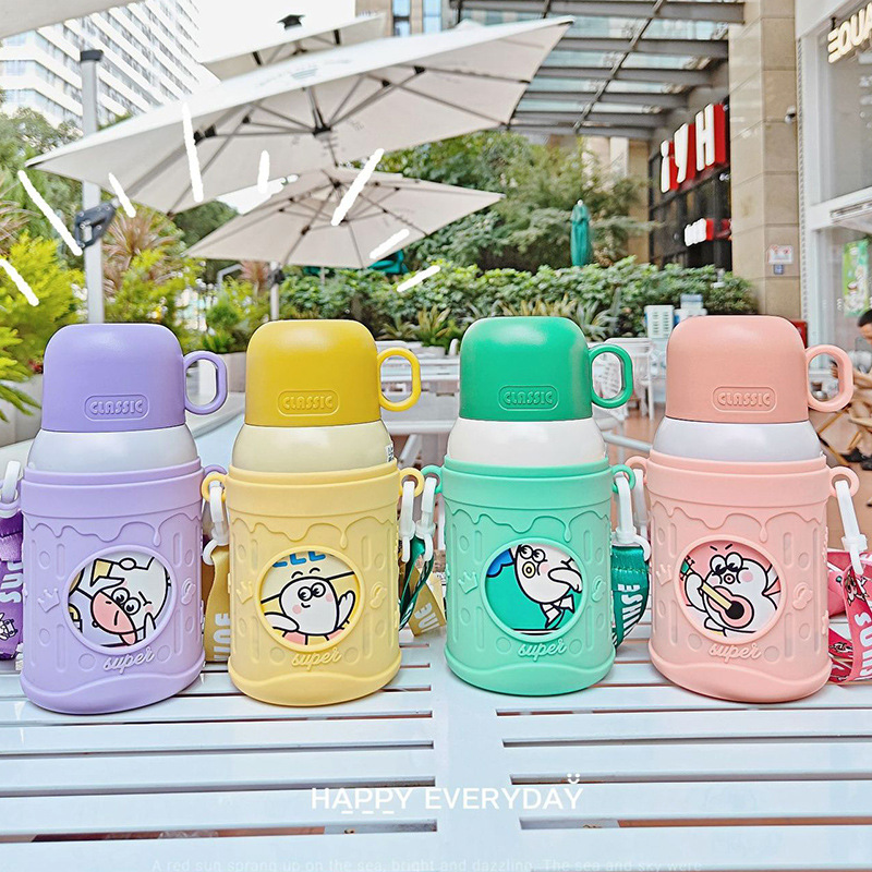 New cute insulated cup, portable one-lid dual-purpose water bottle for kindergartens, anti-drop slanted span outdoor stainless steel cup details Picture