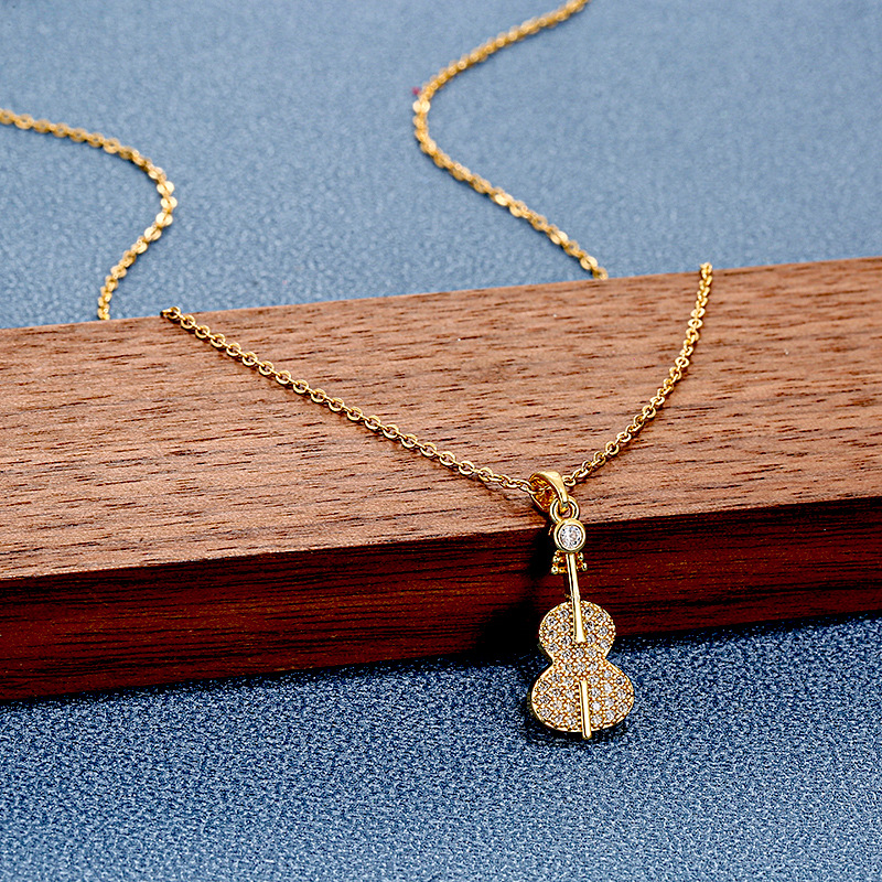 New fashionable violin titanium steel necklace, women's unique design sense, diamond-encrusted pendant, internet-famous light luxury niche collarbone chain Application Scenario