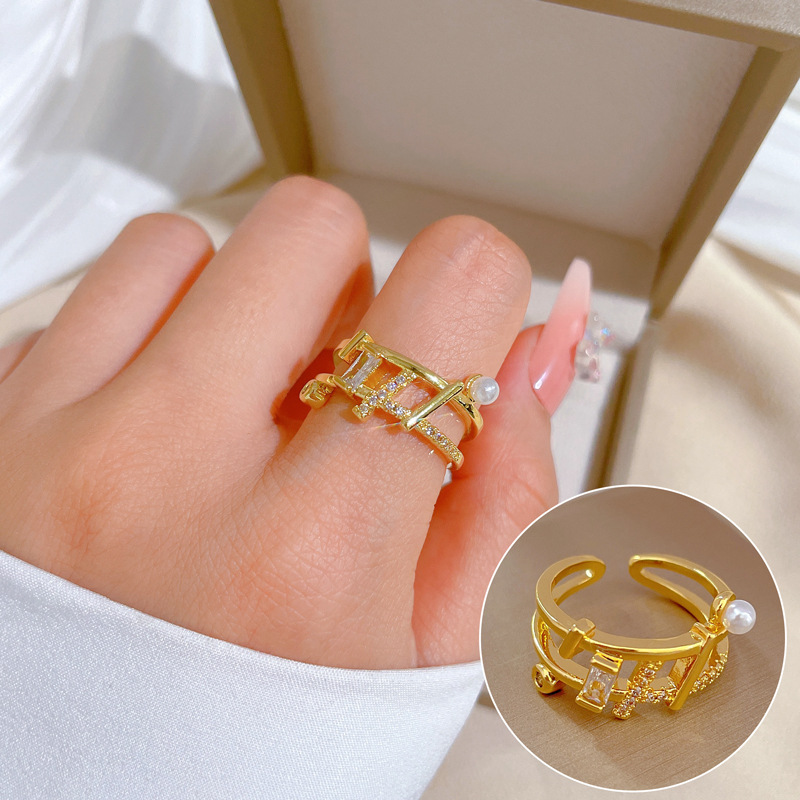 【 Real gold electroplating 】 Open pearl geometric fashion micro-inlay light luxury ring index finger ring, the same style as the Internet celebrity, cold style full figure