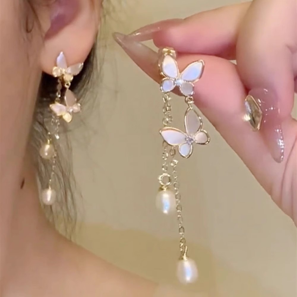 Super fairy shell, butterfly, pearl, long tassel earrings, women's niche, high-end, unique style, stud earrings, light luxury earrings full figure