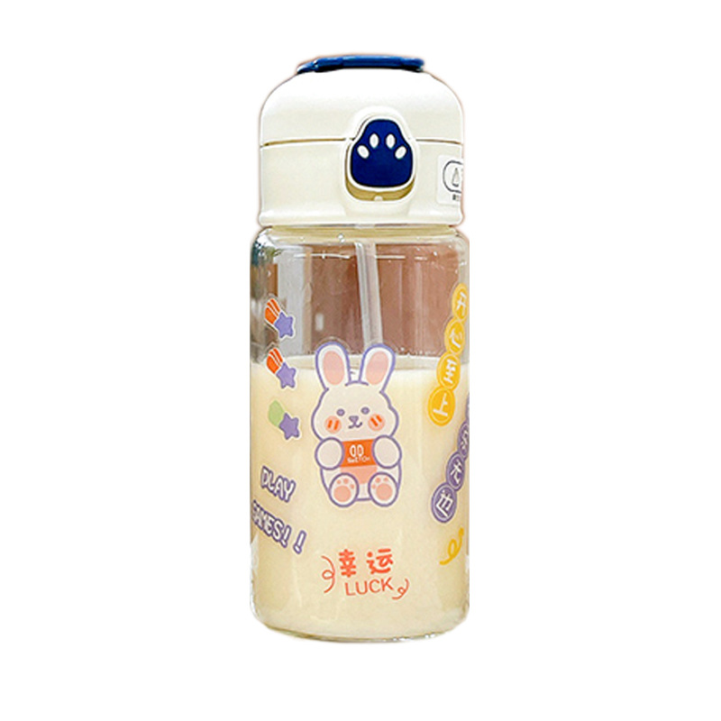 Cute student glass cup, creative and adorable girl's heart, straw cup, cartoon portable pop-up lid, heat-resistant and explosion-proof water cup Item Picture