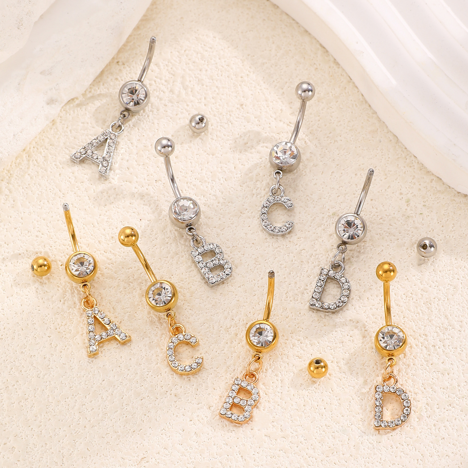 European and American 26-letter stainless steel navel nails A-Z navel buckle DIY accessories navel ring nails human piercing ornaments Application Scenario