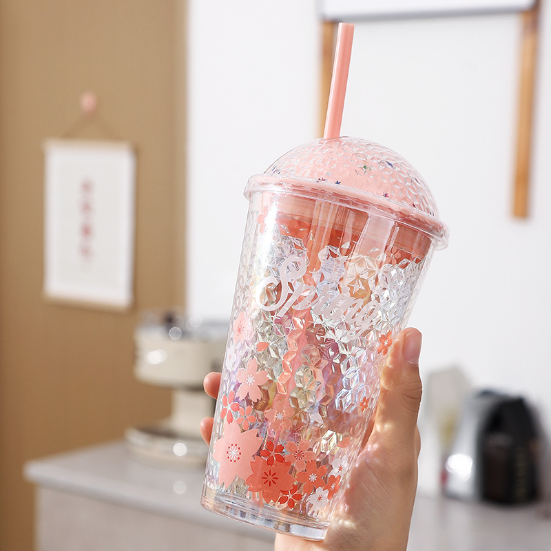 Cherry blossom glass starry sky cup, creative and cute straw cup, household water cup, juice and milk beverage cup, student drinking cup Application Scenario